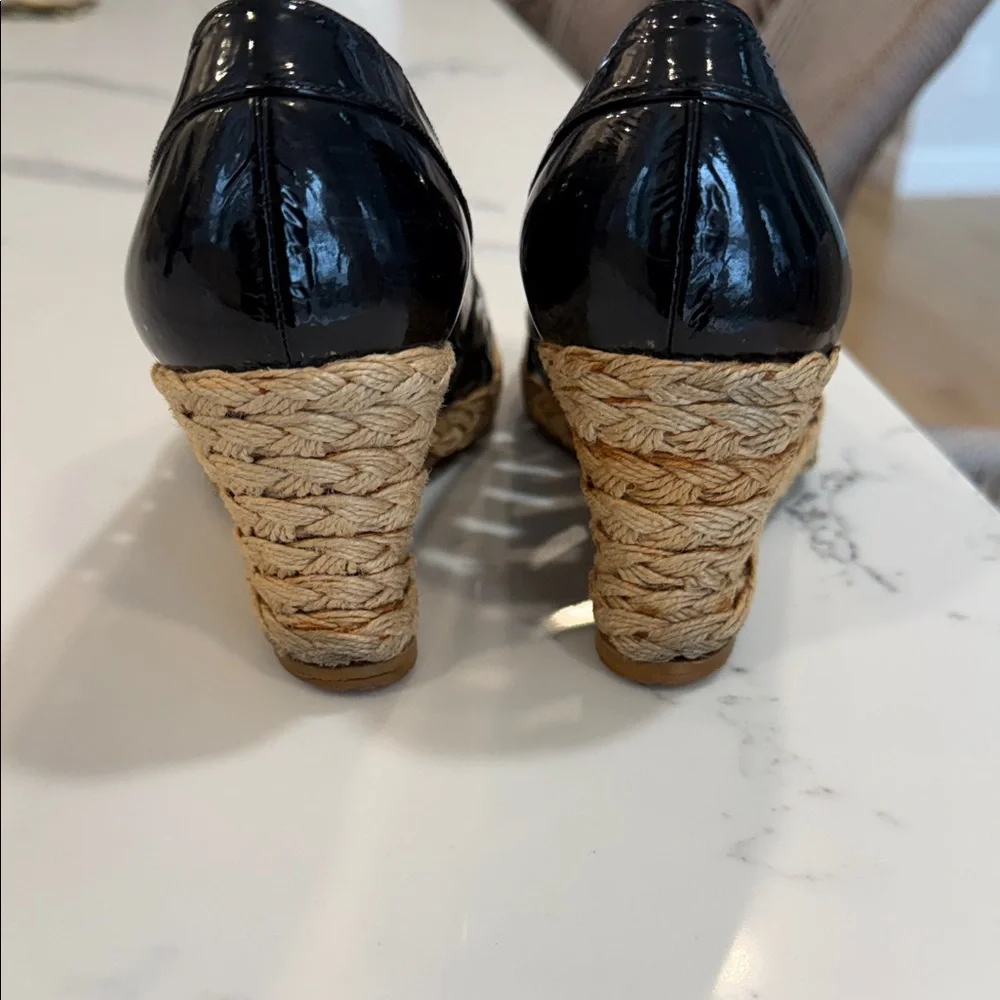 Stuart Weitzman: Black Patent Woven Peep-Toe Espadrille Wedge - Women's - Picture 3 of 5